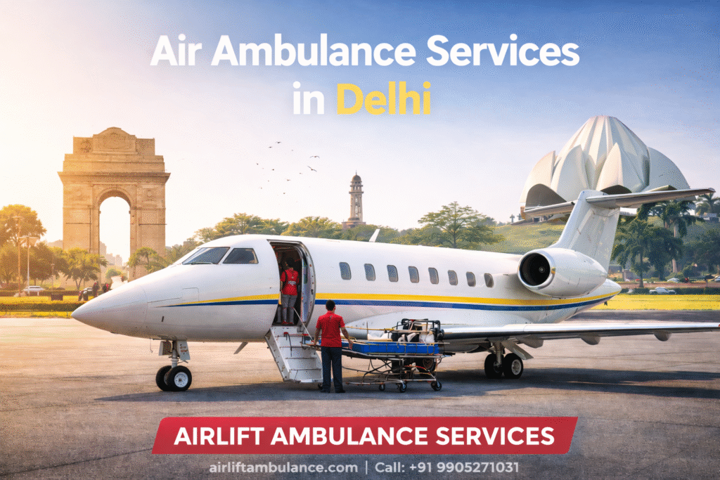 Air ambulance aircraft providing emergency medical transfer services in Delhi by AirLift Ambulance Services