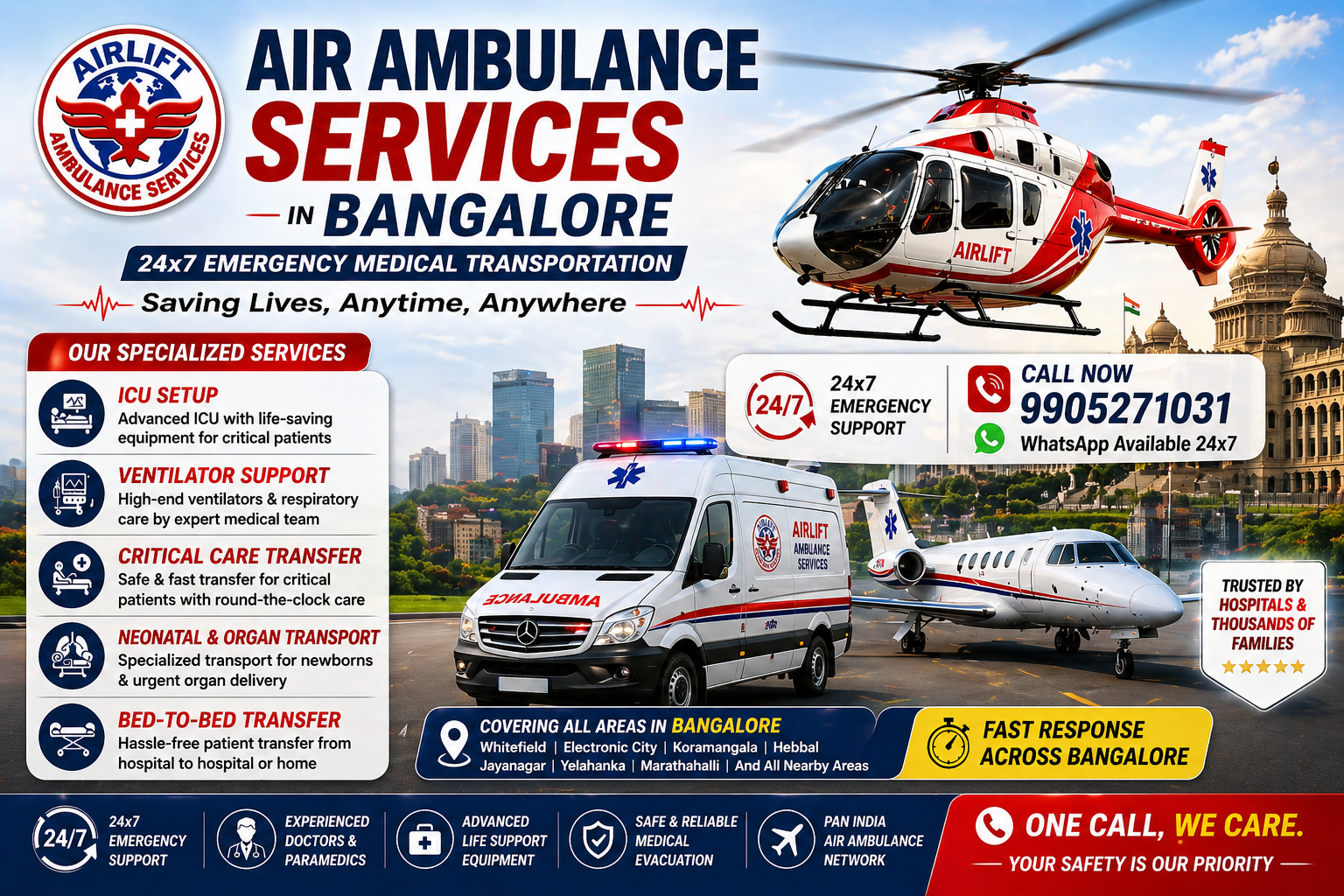 AirLift Air Ambulance Services in Bangalore providing ICU-equipped emergency patient transfer to Delhi, Mumbai, Chennai and across India