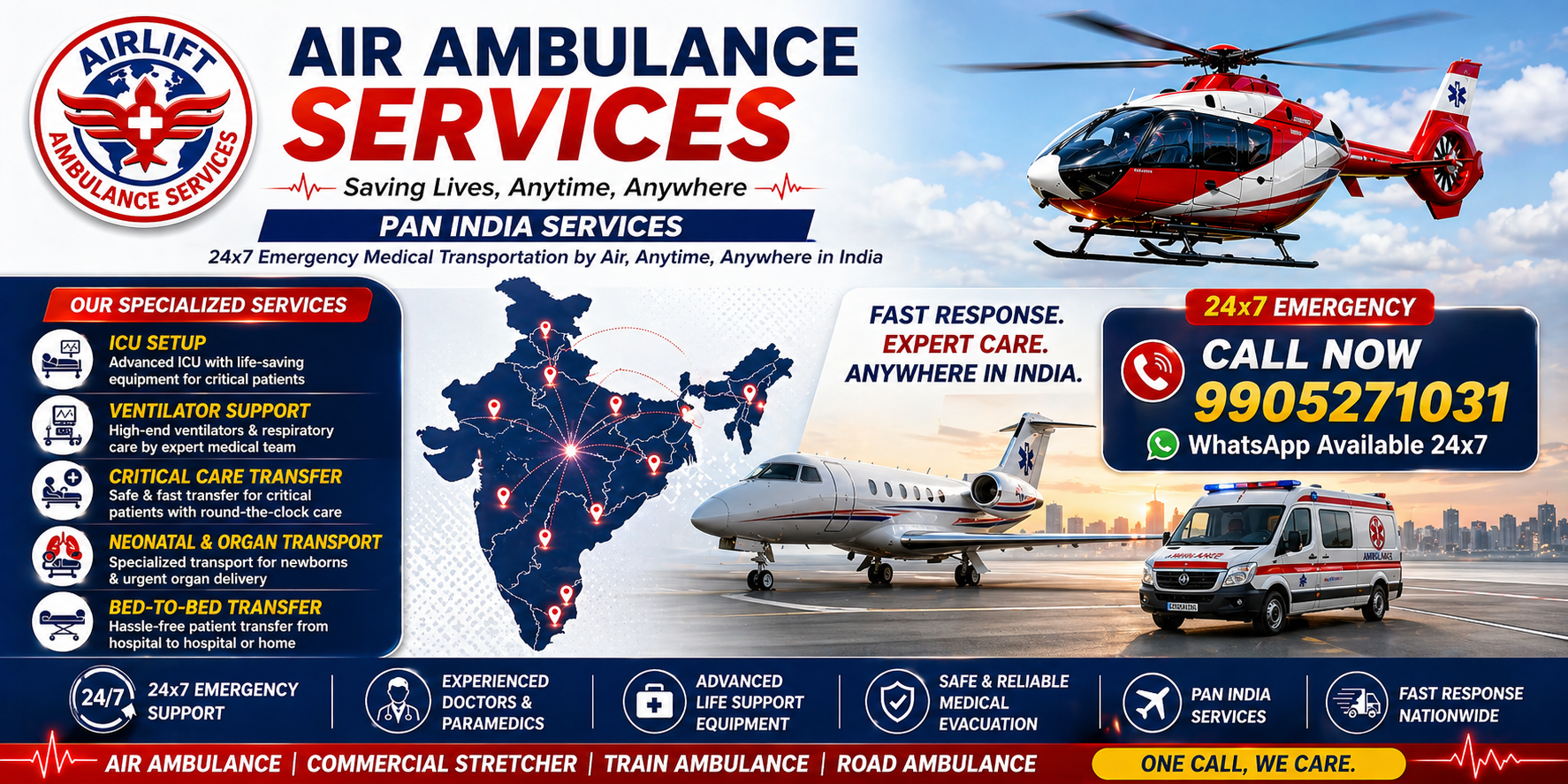 AirLift Air Ambulance Services India 24x7 emergency ICU ventilator patient transfer pan India medical transport