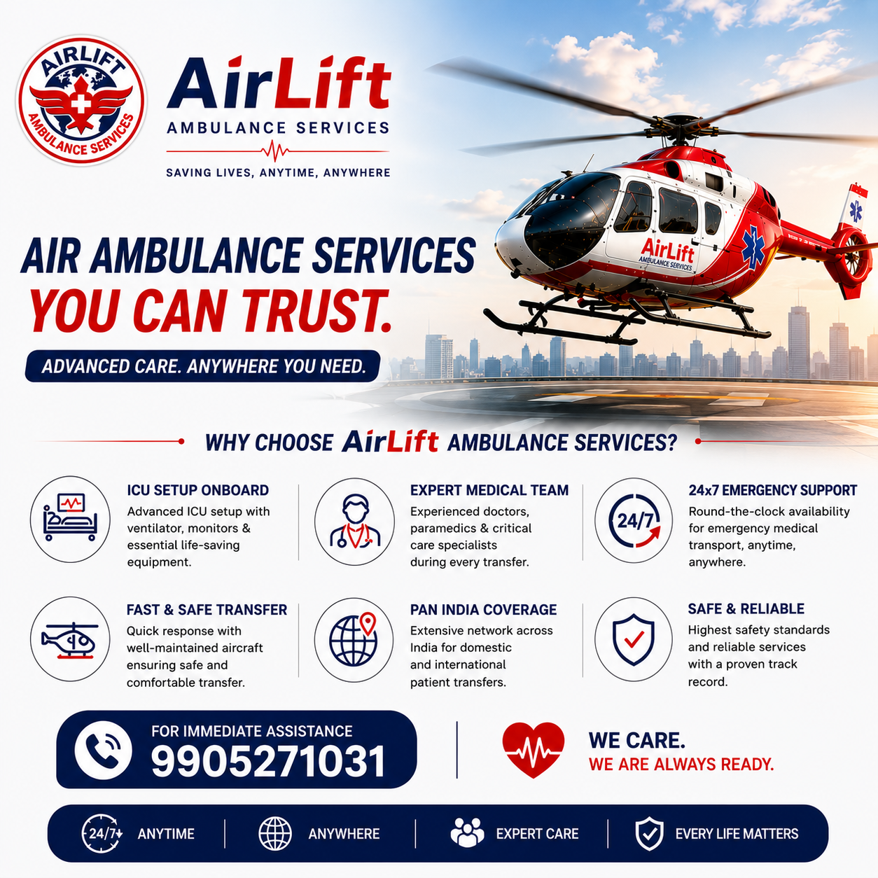AirLift Ambulance Services providing emergency ICU patient transfer and medical airlift across India, including North East, Patna, and Delhi.