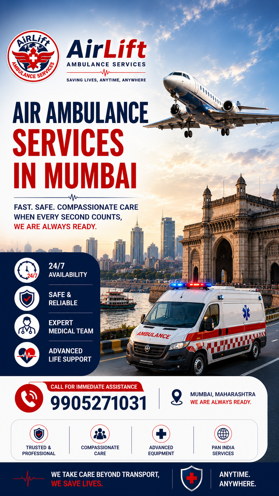 Air Ambulance Services in Mumbai with ICU Setup, Expert Doctors and Fast Emergency Patient Transfer by AirLift Ambulance Services
