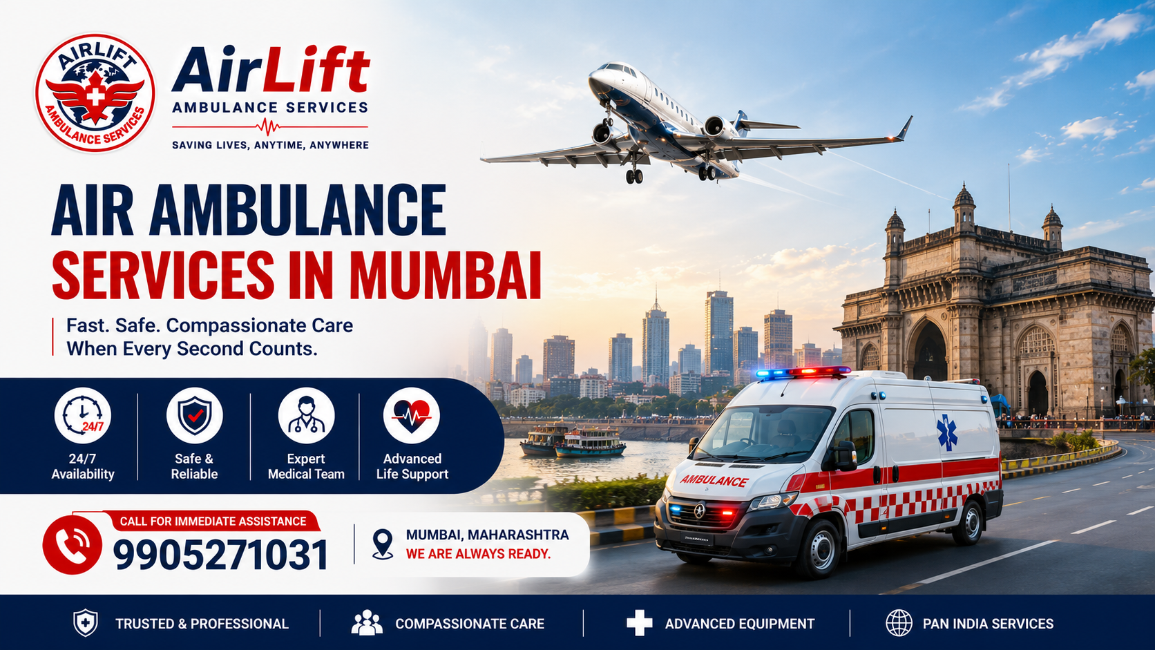 Air Ambulance Services in Mumbai with ICU Setup, Expert Doctors and Fast Emergency Patient Transfer by AirLift Ambulance Services