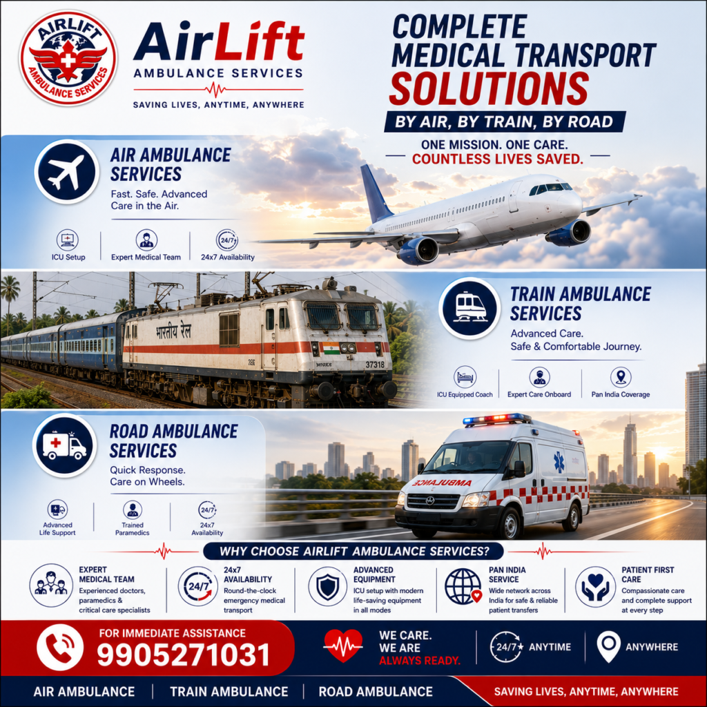 AirLift Ambulance Services providing air ambulance train ambulance and road ambulance services across India