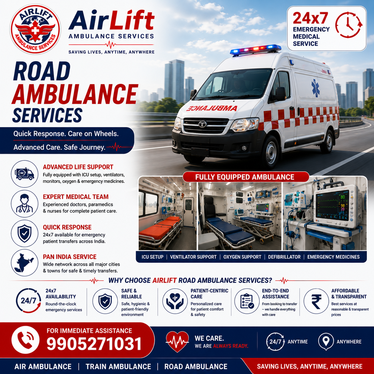 AirLift Ambulance Services providing ICU-equipped road ambulance services in India with oxygen support, ventilator, paramedics and emergency patient transport